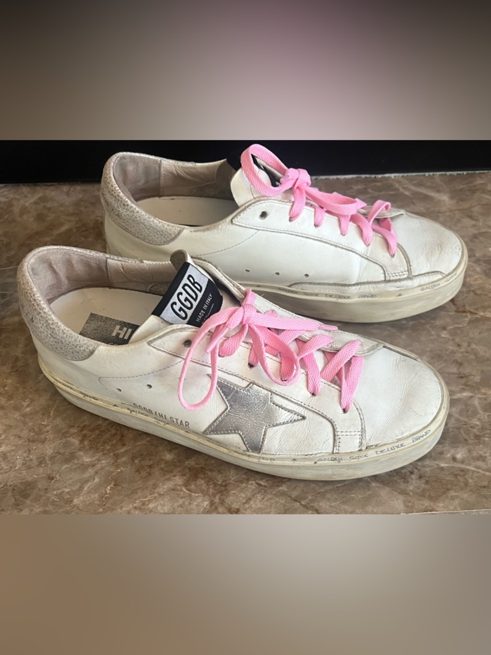 Golden Goose White Leather Hi-Star Sneakers with Metallic Silver Star - Picture 6 of 8